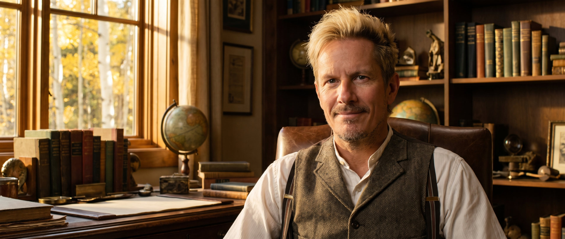 Colorado Jones the author sitting in a chair in his cozy office