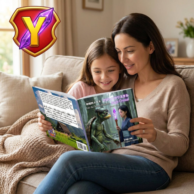 A mother reading Yuki the Demon Huntress: the Magic Crystal to her daughter A mother reading Yuki the Demon Huntress: the Magic Crystal to her daughter