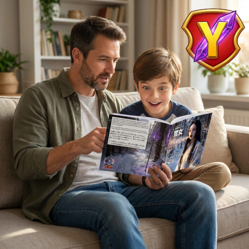A father reading Yuki the Demon Huntress: Snow Woman to his son A father reading Yuki the Demon Huntress: Snow Woman to his son