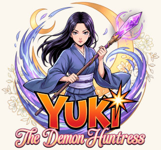 Yuki the Demon Huntress Logo - Yuki facing forward holding her staff with the magic crystal on the tip