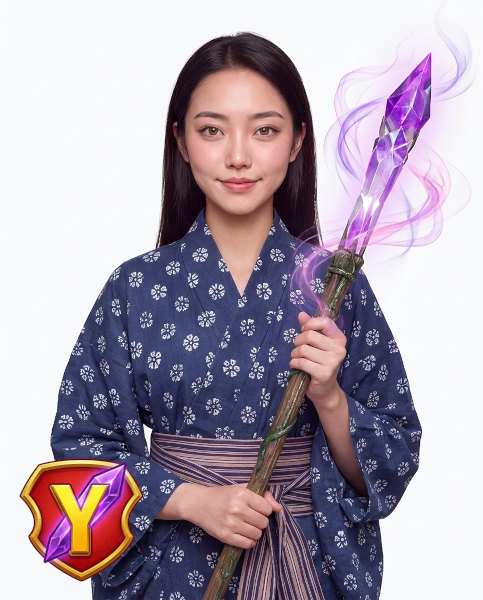 Yuki the Demon Huntress smiling at the camera and holding her staff with the magic crystal at the tip Yuki the Demon Huntress smiling at the camera and holding her staff with the magic crystal at the tip
